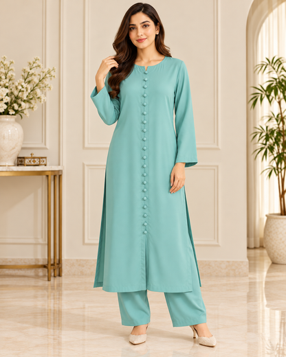 Sage Serenity – Mint Frost Soft Crepe Long Shirt Co-Ord Set