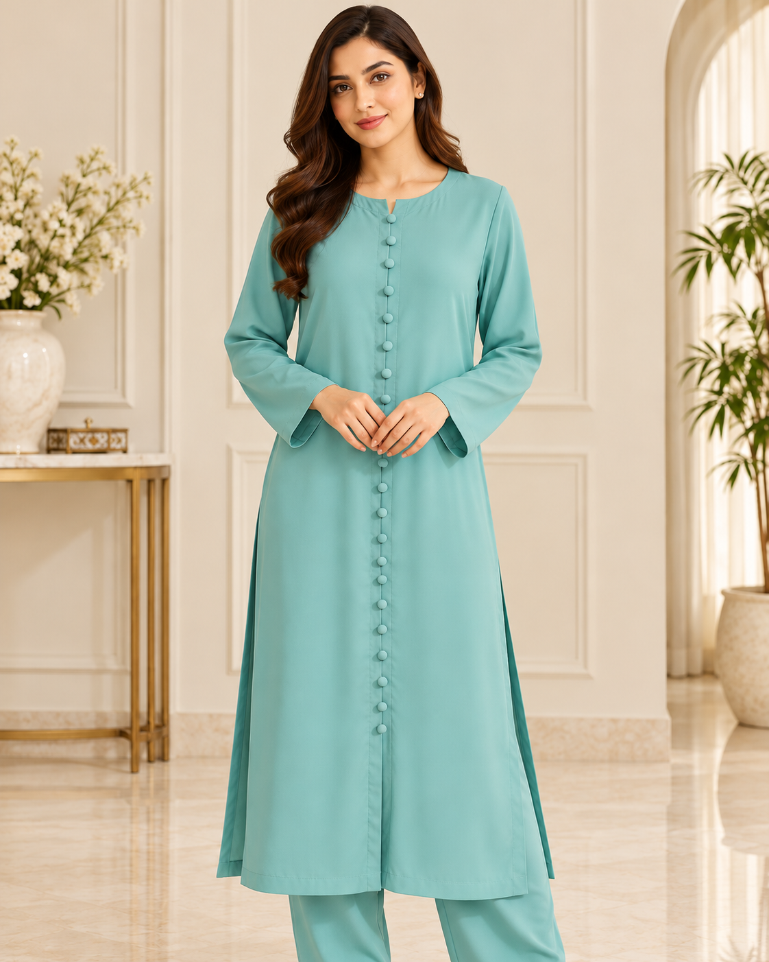 Sage Serenity – Mint Frost Soft Crepe Long Shirt Co-Ord Set