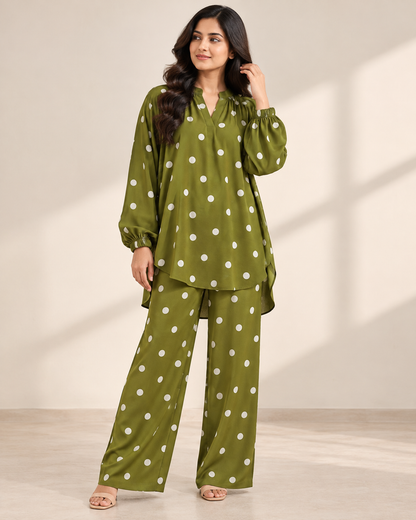Olive Dot Pop | Polka Dot Co-Ord Set for Women | FariCouture