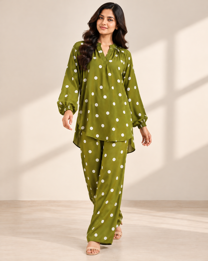 Olive Dot Pop | Polka Dot Co-Ord Set for Women | FariCouture