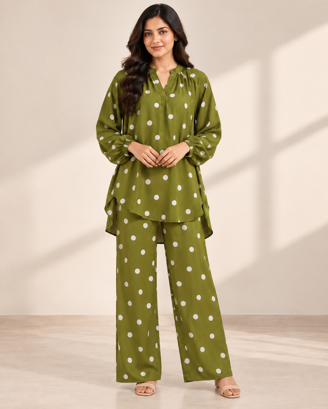 Olive Dot Pop | Polka Dot Co-Ord Set for Women | FariCouture