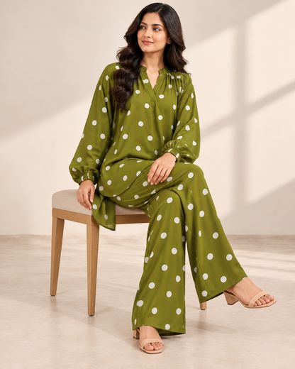 Olive Dot Pop | Polka Dot Co-Ord Set for Women | FariCouture