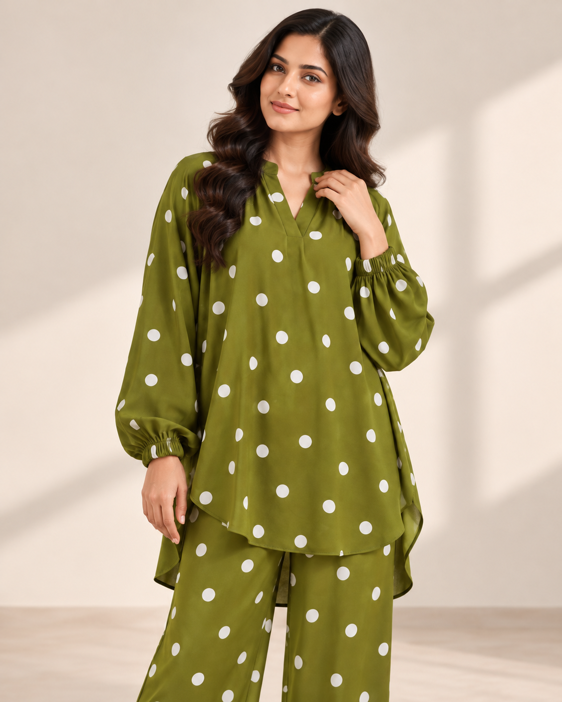 Olive Dot Pop | Polka Dot Co-Ord Set for Women | FariCouture