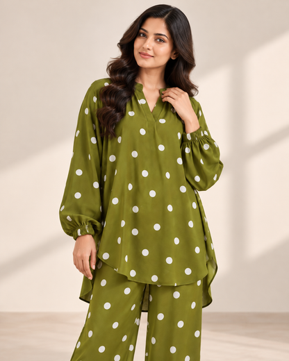 Olive Dot Pop | Polka Dot Co-Ord Set for Women | FariCouture