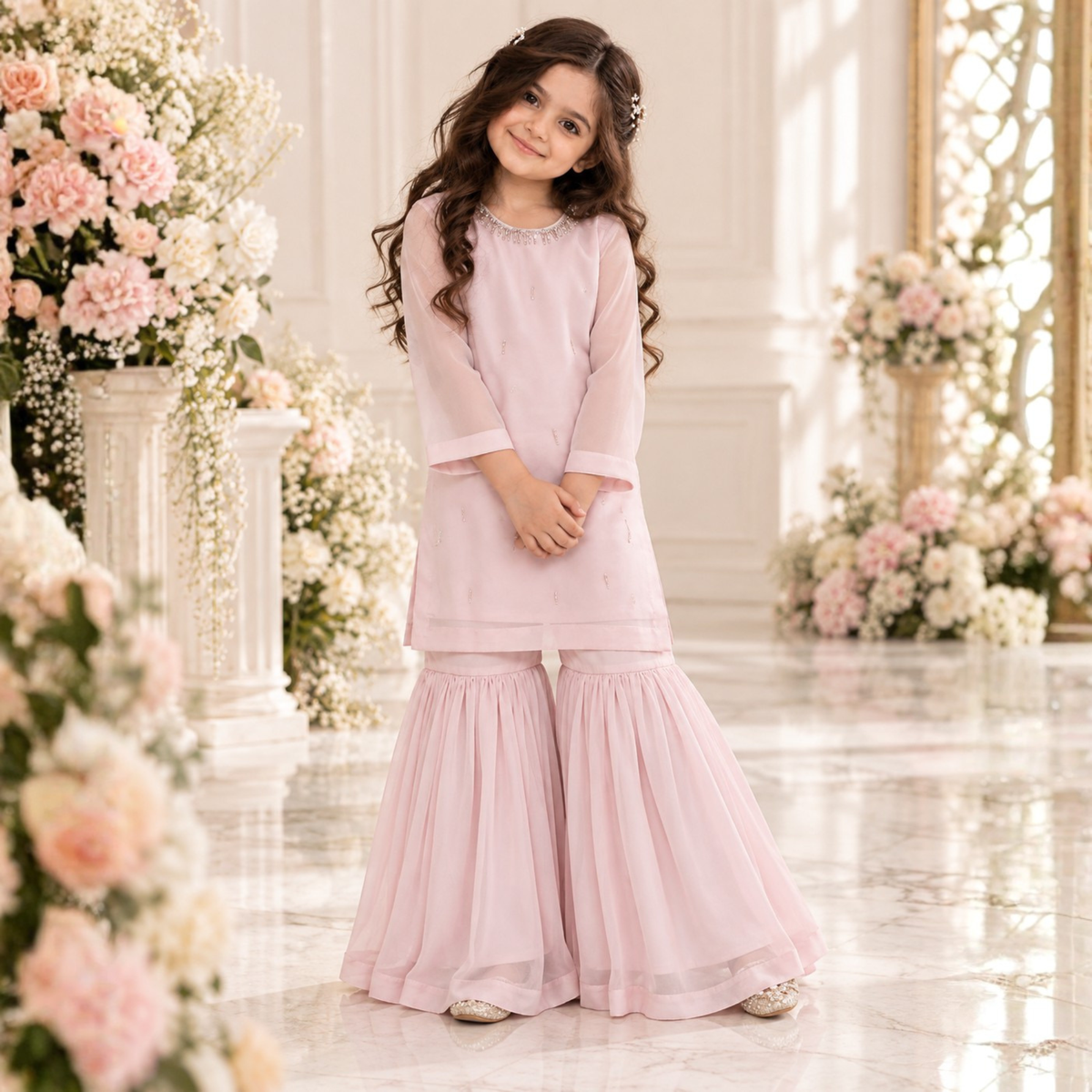 Blush belle |Blush Pink Crinkle Chiffon Gharara Set For Girls | Hand Embellished Luxury Kids Dress | FariCouture