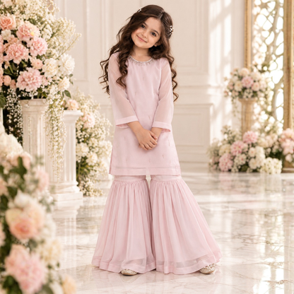Blush belle |Blush Pink Crinkle Chiffon Gharara Set For Girls | Hand Embellished Luxury Kids Dress | FariCouture