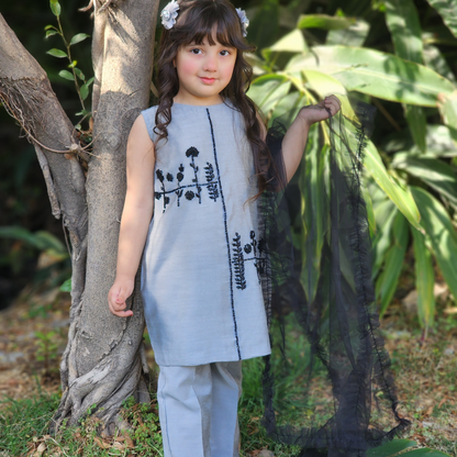 Grey Cotton Raw Silk Shirt & Trouser – Black Embroidered Mesh Detailing, Soft Glossy Finish
