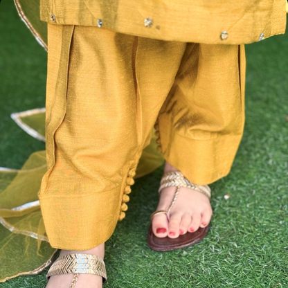 Mustard Royale , Soft Cotton Raw Silk Dhani Shirt & Shalwar Set for Eid