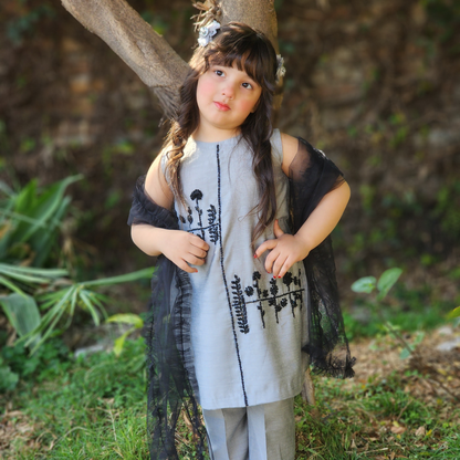 Grey Cotton Raw Silk Shirt & Trouser – Black Embroidered Mesh Detailing, Soft Glossy Finish