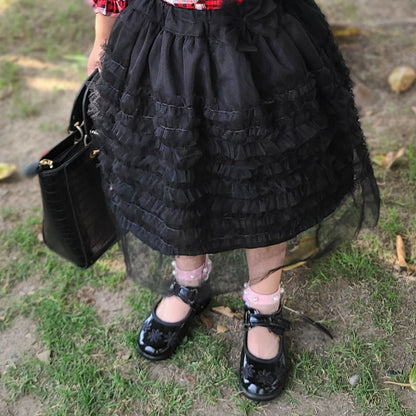 Red Plaid Top & Black Net Skirt – Full Sleeves with Ruffles & Layered Skirt